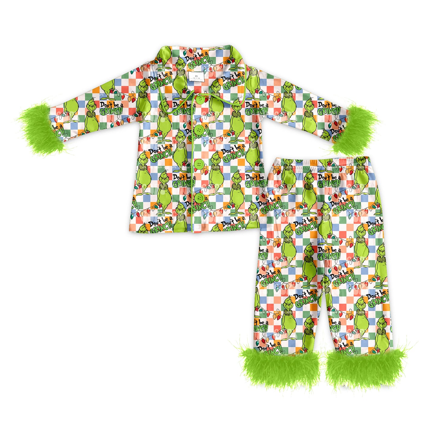 Baby Girl Fur Long Sleeves Green Face Checkered Shirt Pants Pajamas Christmas Set