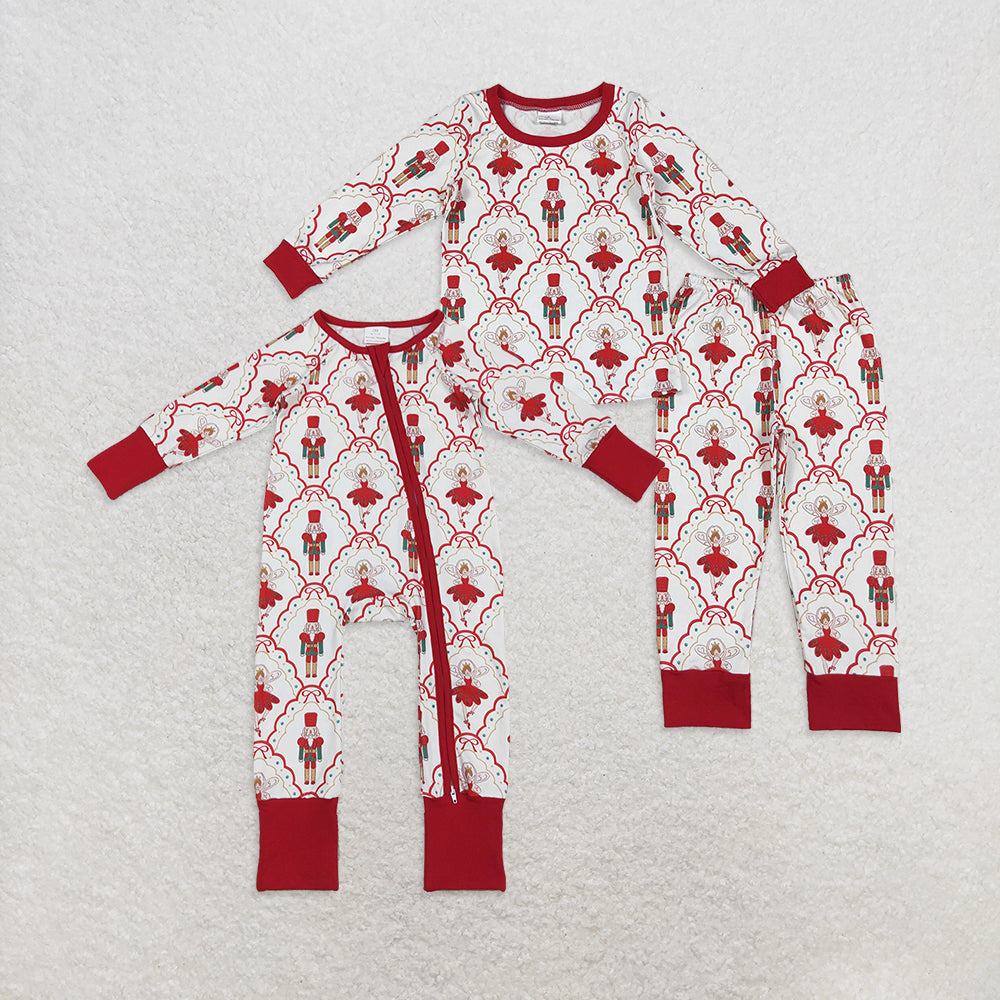 Sibling Girls Kids Long Sleeves Soldier Bows Christmas Zipper Romper Pajamas Clothes Set RTS