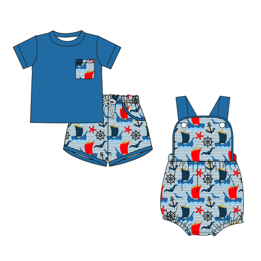 ( Moq 5 Each Style ) Baby Boys Kids Short Sleeves Shirt Pockets Shorts Boats Stripes Set Romper Sibling Clothes
