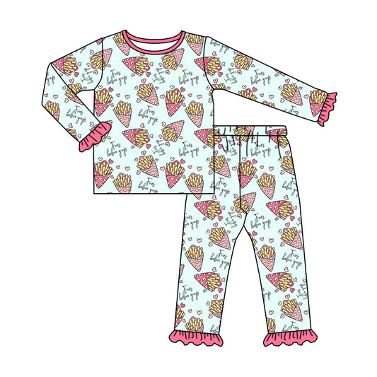 Baby Girl Long Sleeves Chips Hearts Pink Shirt Pants Valentine Pajamas Set Moq 5