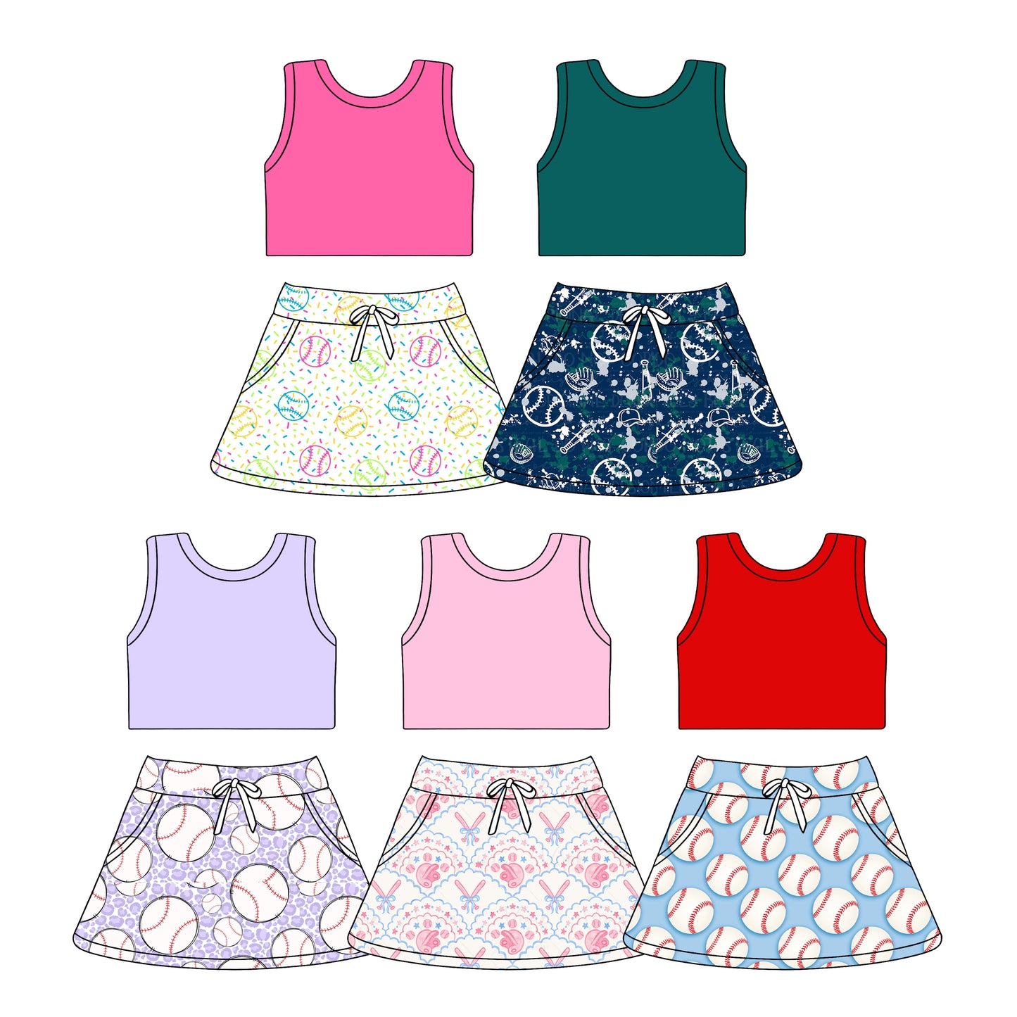 ( Moq 5 Each Style ) Sibling Baby Girls Kids Sleeveless Tops Baseball Skirt Shorts Sets Summer Clothes