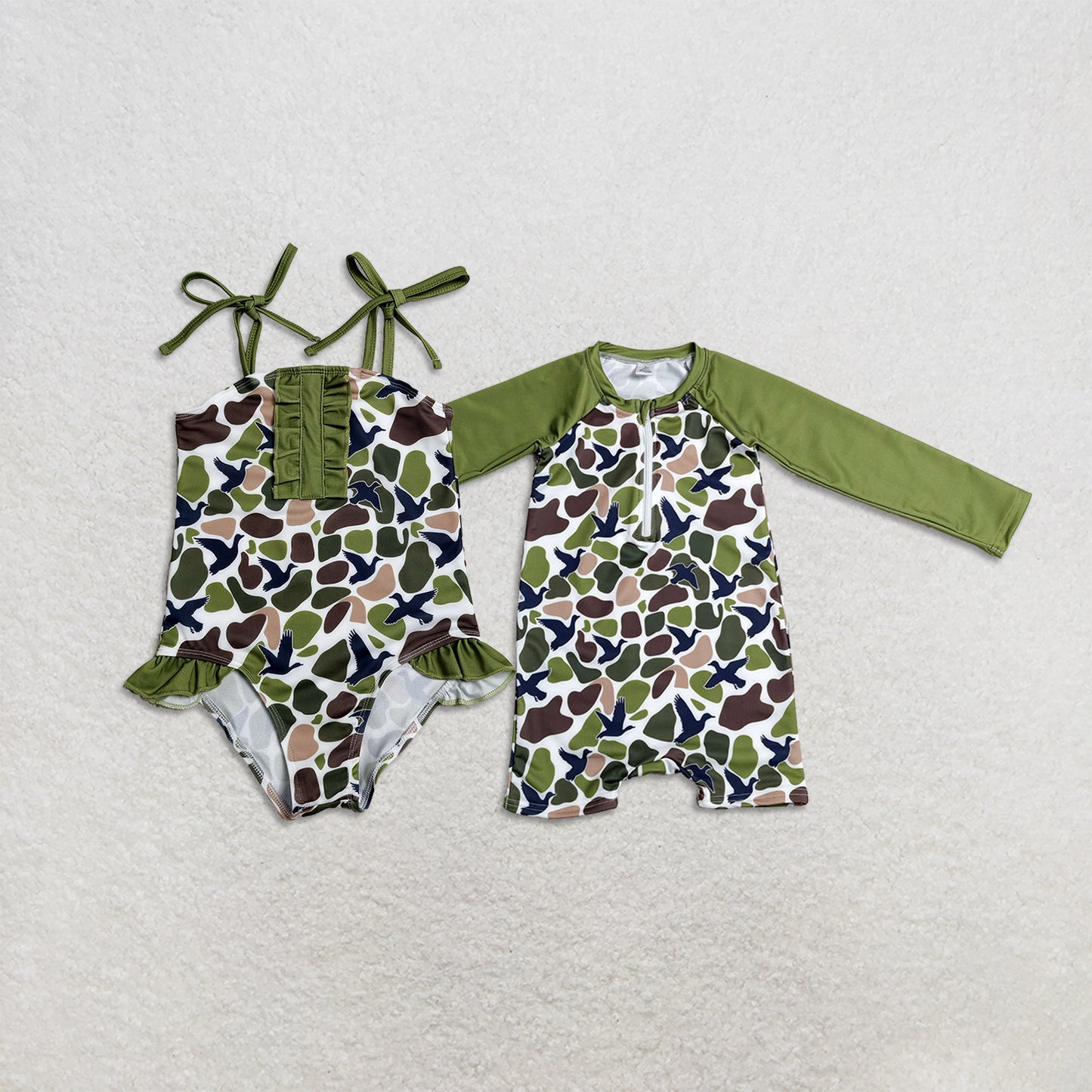 Sibling Baby Boys Girls Kids Ducks Camo Green Swimsuit Summer Clothes RTS
