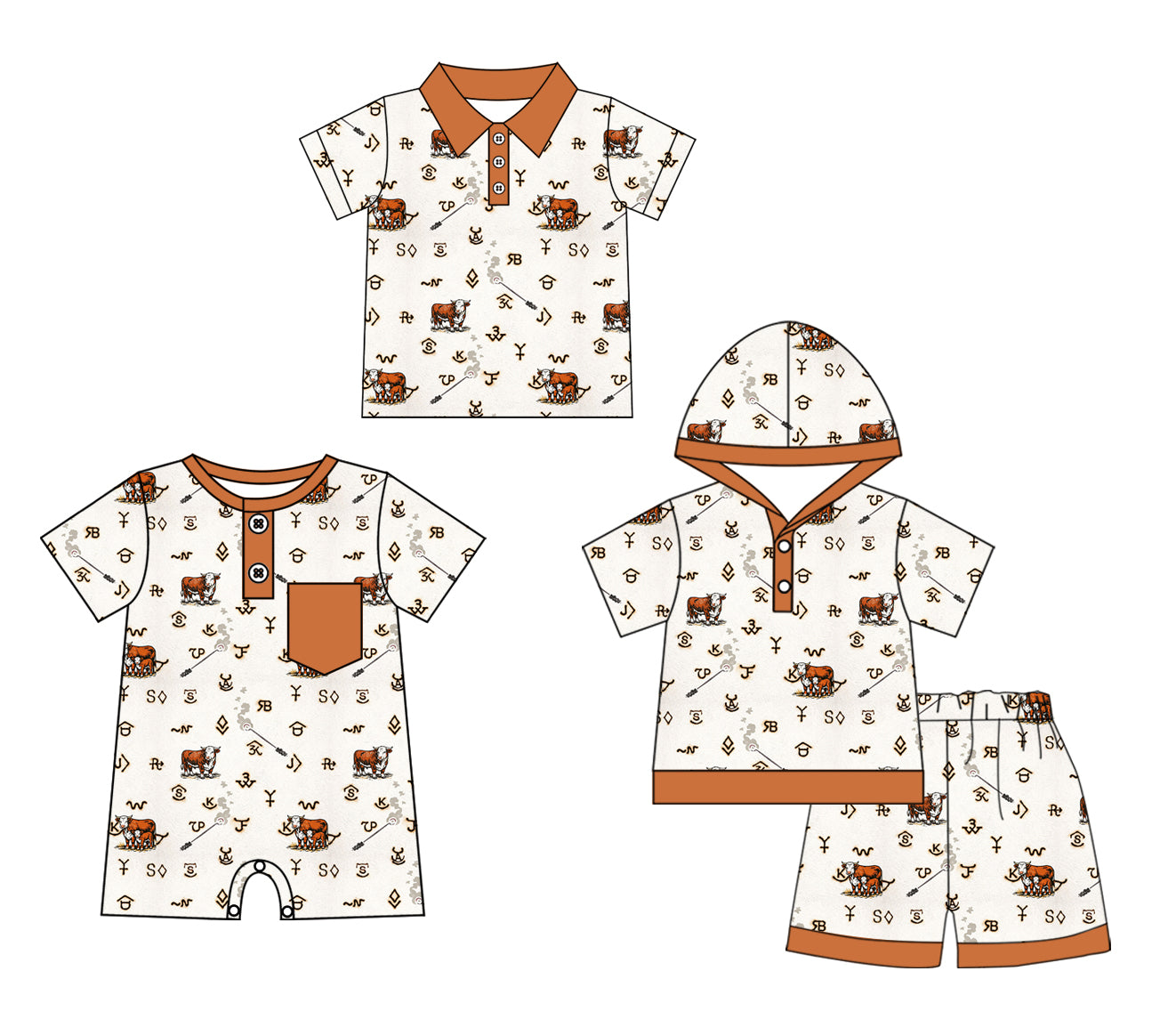 ( Moq 5 Each Style ) Sibling Baby Boys Kids Short Sleeves Western Cow Romper Shirt Set Clothes