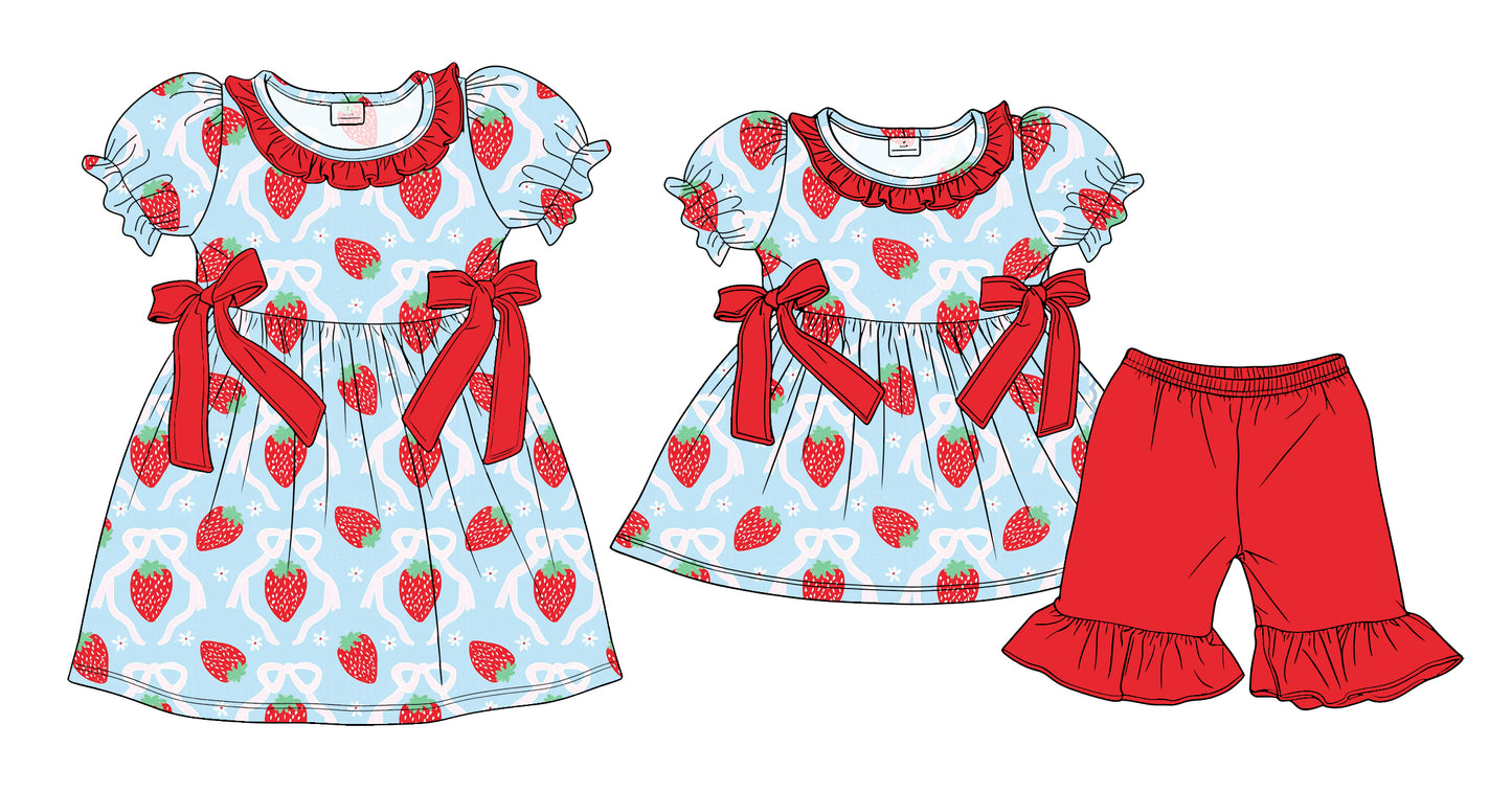 ( Moq 5 Each Style ) Sibling Baby Girls Kids Short Sleeves Bows Strawberry Dress Set Clothes