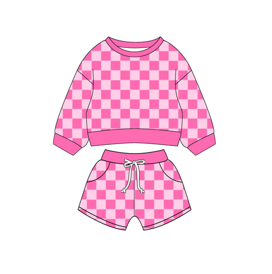 Baby Girl Toddler Long Sleeves Pink Checkered Shirt Pocket Shorts Set Moq 5