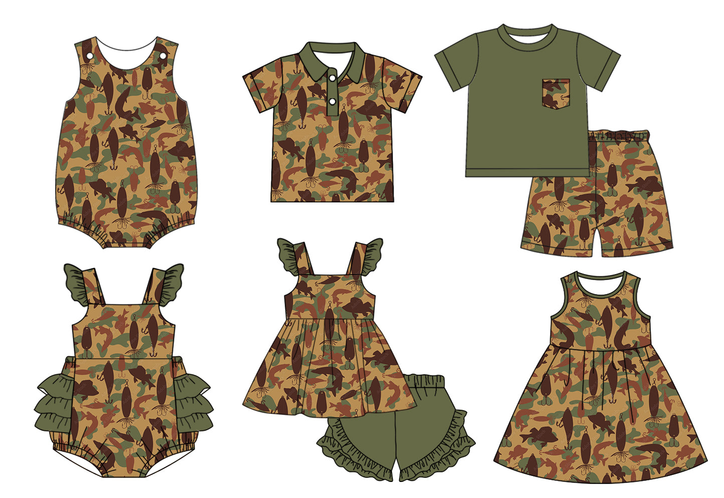 Baby Boy Girl Fishing Camo Sibling Matching Dress Romper Clothes Set ( Moq 5 Each style )