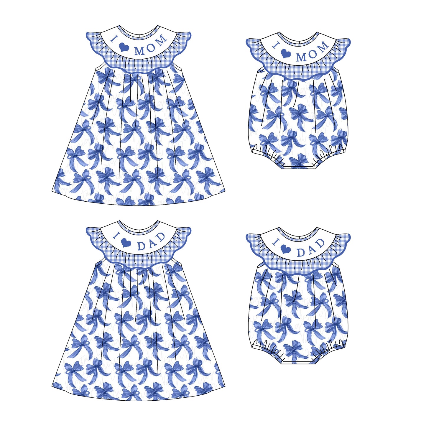( Moq 5 Each Style ) Baby Girl I Love Mom Dad Blue Bows Sibling Summer Romper Dress 4.22
