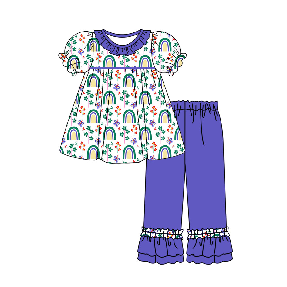 Baby Girl Short Sleeves Rainbow Flower Mardi Gras Tops Purple Pants Set Moq 5