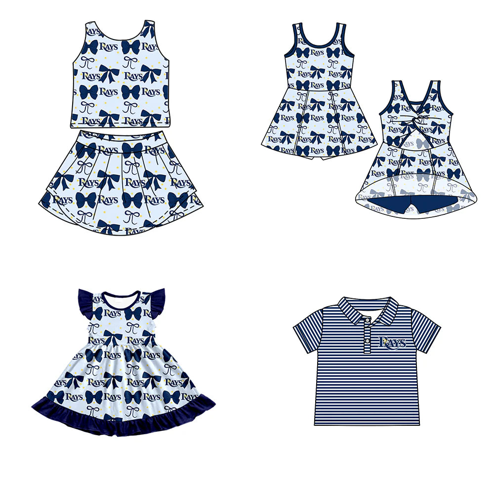 ( Moq 5 each style ) Baby Boy Girl Toddler Team Blue Bows Sibling Shirt Dress Set 6.21