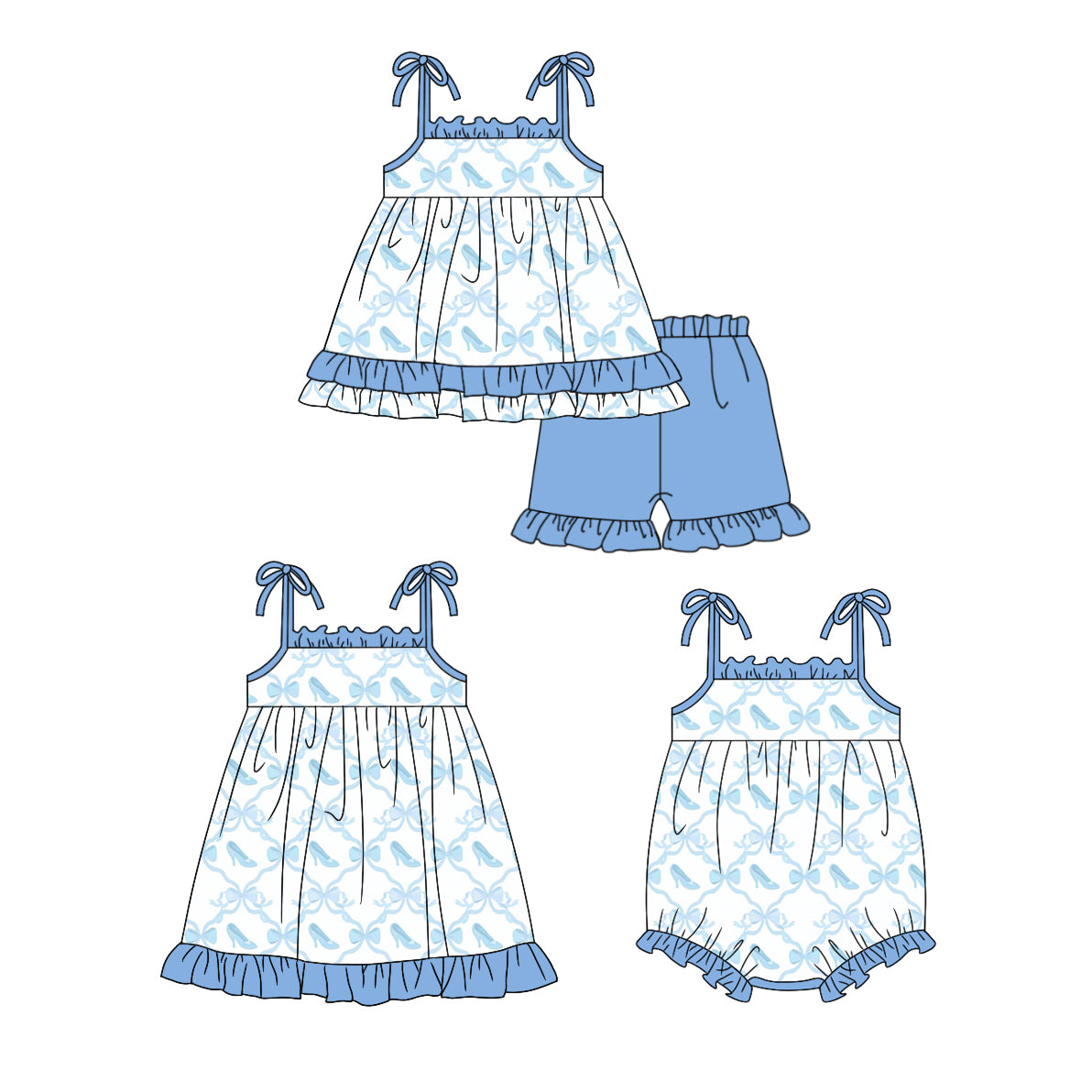 Baby Girl Straps Blue Bows Sibling Romper Dress Set ( Moq 5 Each Style ) 12.24