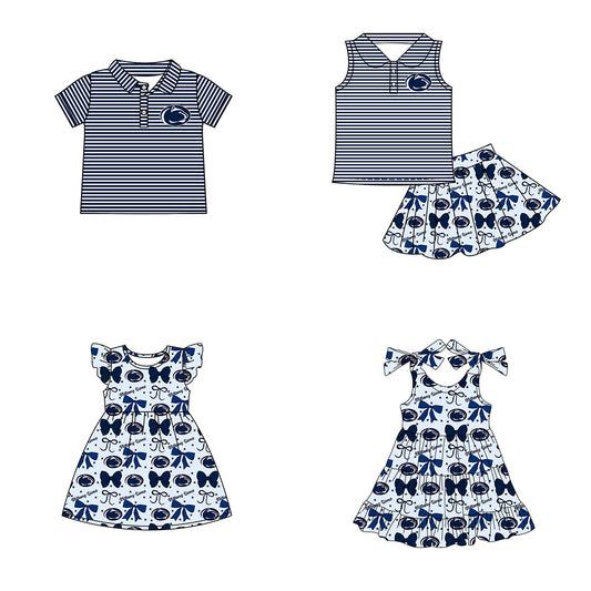 ( Moq 5 each style ) Baby Boy Girl Toddler Team Blue Bows Sibling Shirt Dress Set