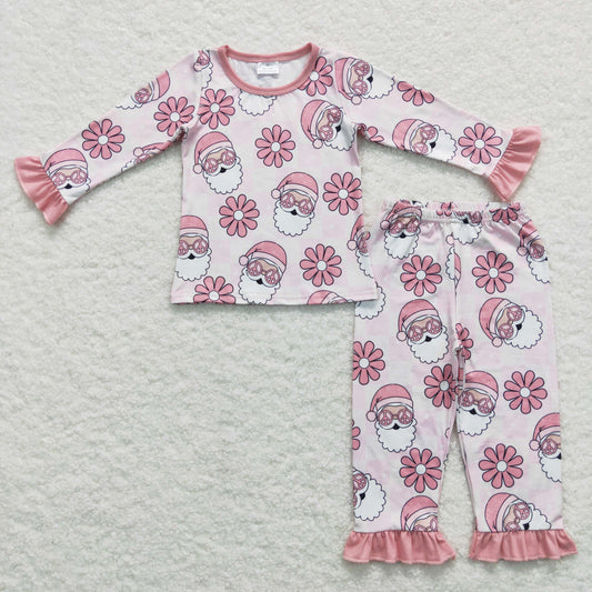 GLP0713 Baby Girl Long Sleeves Pants Outfit Christmas Santa Floral Pink Pajamas