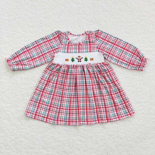 GLD0331 Baby Girl Long Sleeves Smocked Embroidery Christmas Santa Plaid Dress