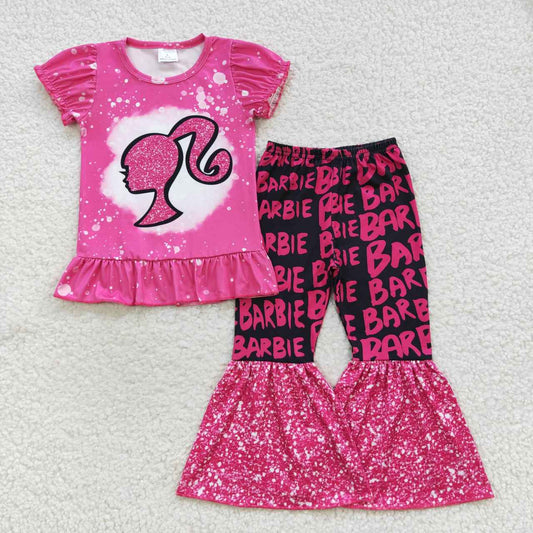 GSPO0786 Baby Girl Short Sleeves Pink Doll Shirt Bell Pants Outfit