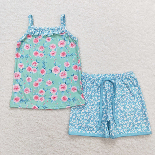 Baby Girls Sleeveless Flower Green Tops Floral Shorts Set