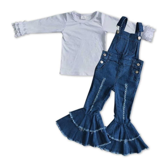 Baby Girl White Long Sleeves Cotton Tops Denim Overalls Pants Outfit