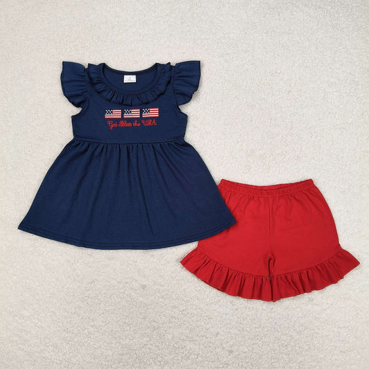 Baby Girl Short Sleeves Embroidery Flags Tops Red Shorts July 4th Set