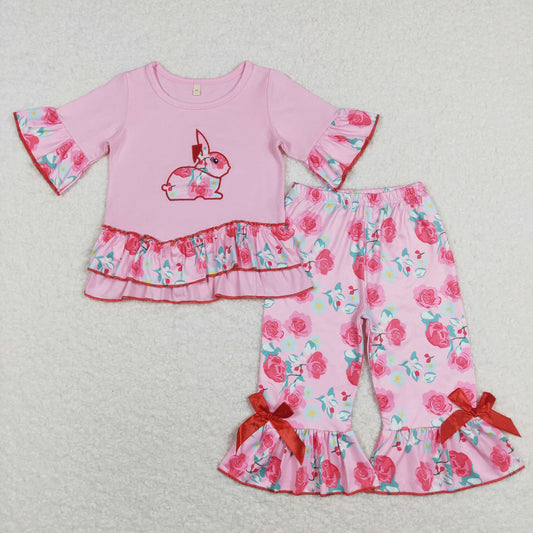 B14-21 Baby Girl Embroidery Rabbit Floral Easter Pink Set