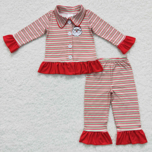 GLP0550 Christmas Embroidery Santa Baby Girl Long Sleeves Button Up Cardigan Pants Striped Outfit Pajamas