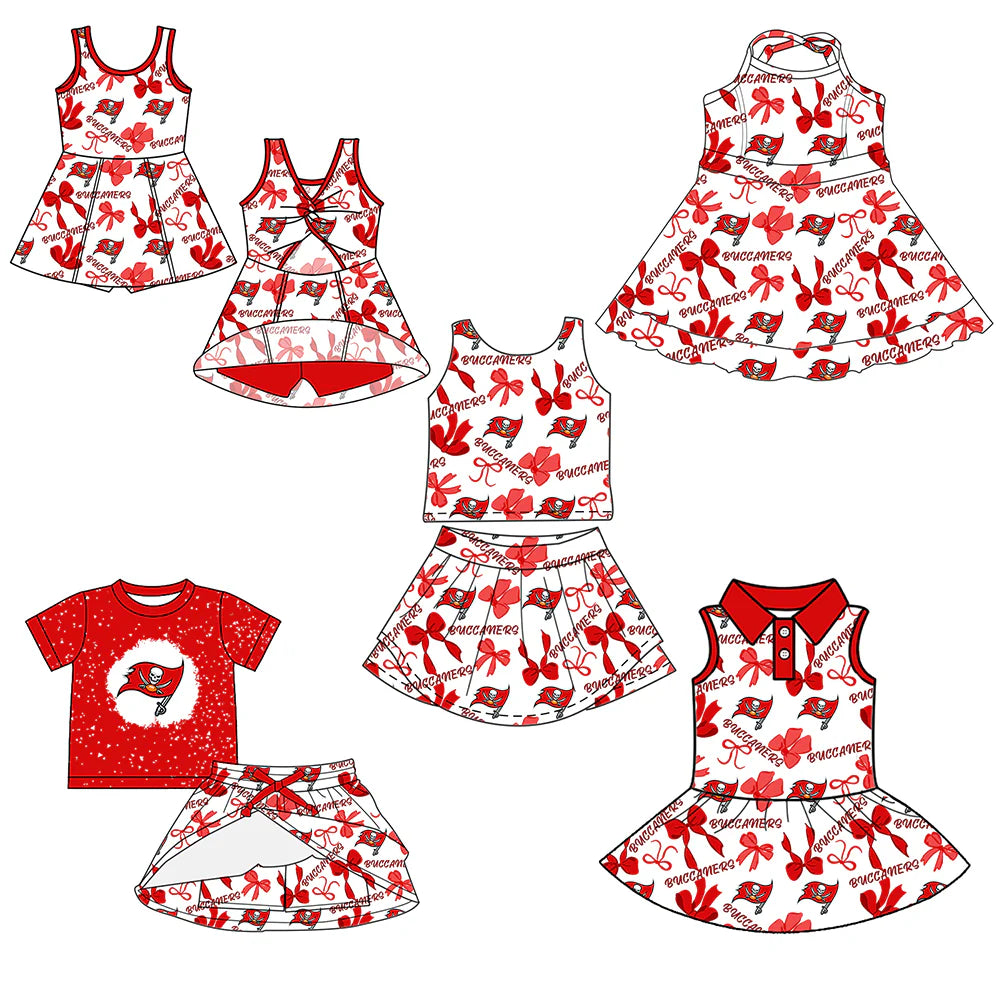 ( Moq 5 each style ) Baby Girl Toddler Team Red Bows Sibling Skort Dress Set 6.6