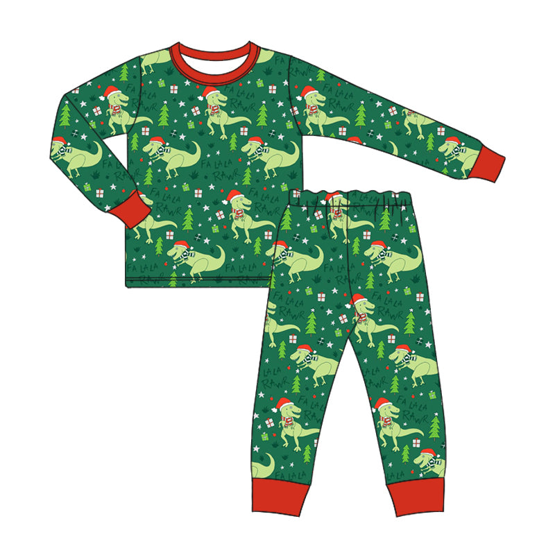 Baby Boy Long Sleeves Dinosaurs Christmas Green Shirt Pants Pajamas Set