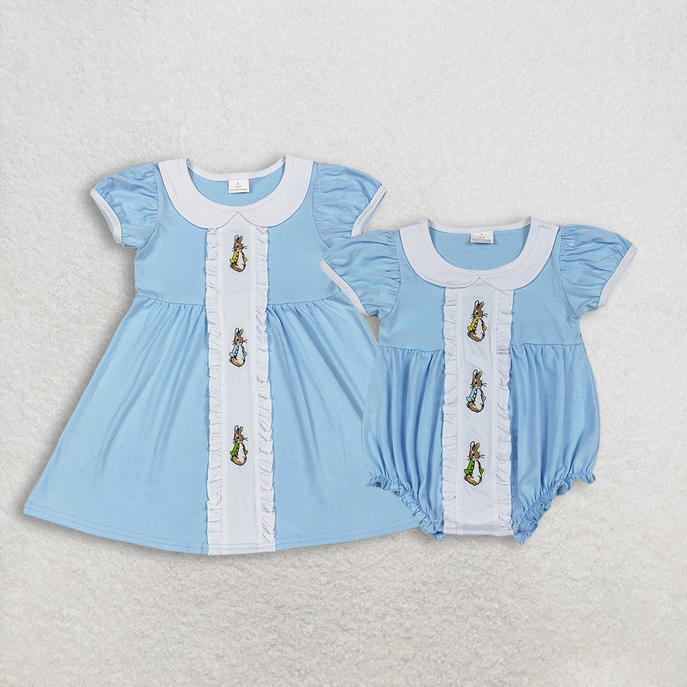 Sibling Baby Girls Short Sleeves Embroidery Rabbits Easter Ruffle Blue Bubble Romper Dress RTS