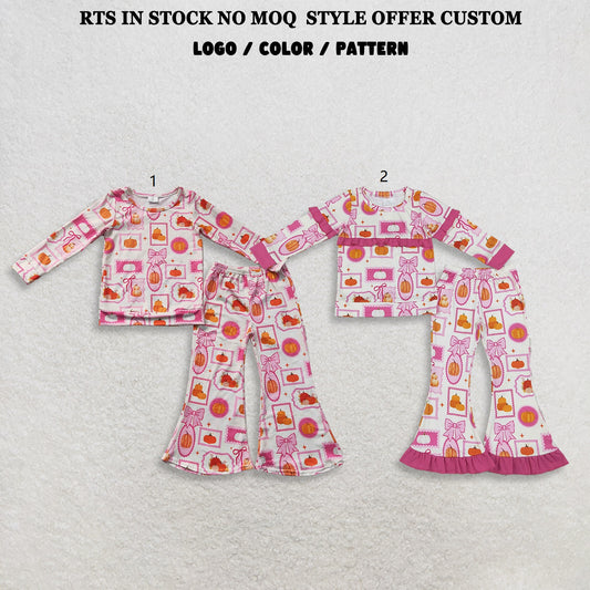 Sibling Baby Girls Kids Long Sleeves Pumpkins Bows Shirts Bell Pants Fall Sets Clothes RTS