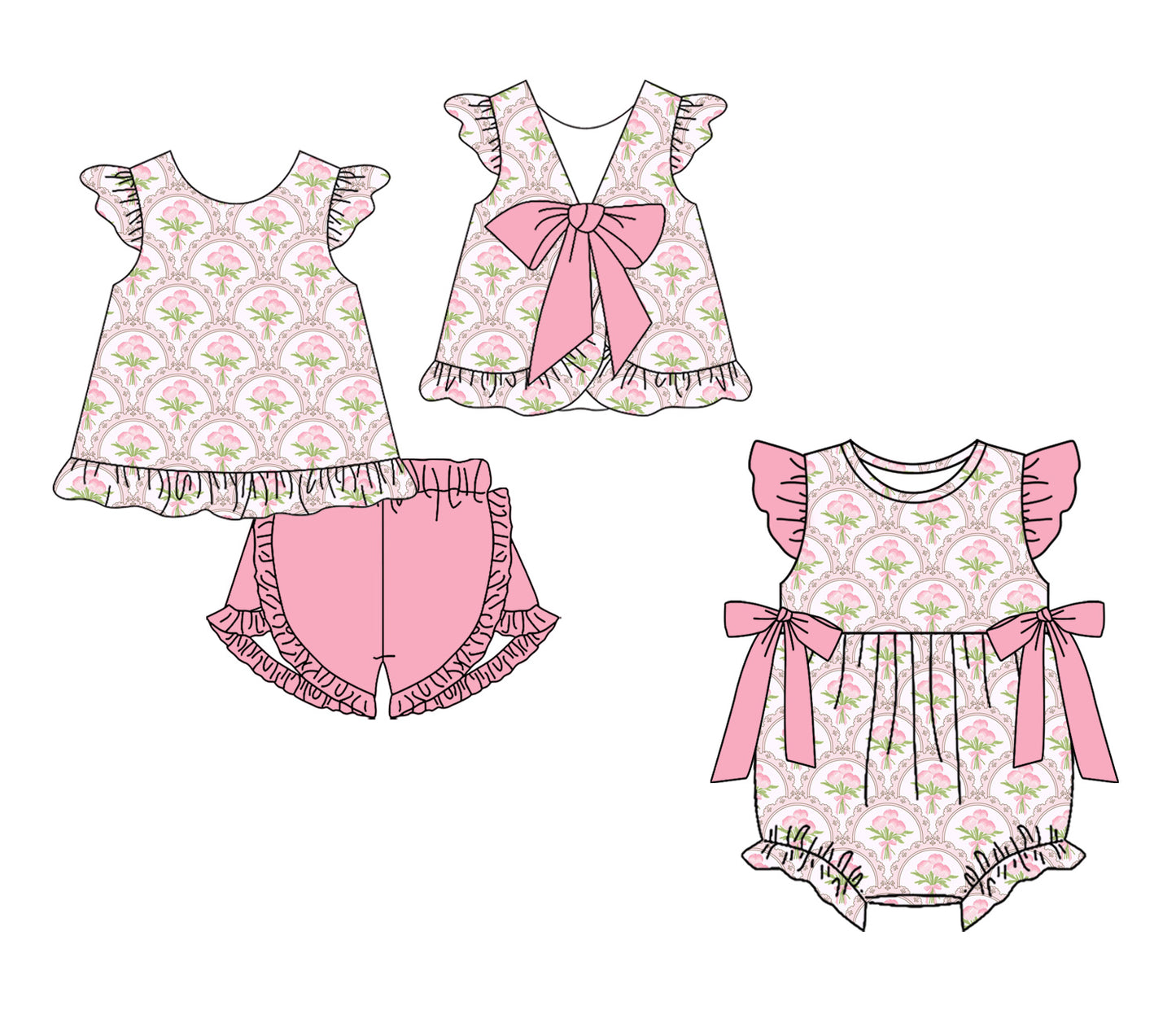 ( Moq 5 Each Style ) Sibling Baby Girls Kids Bows Flower Tops Shorts Pink Set Romper Summer Clothes