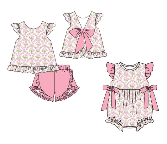 ( Moq 5 Each Style ) Sibling Baby Girls Kids Bows Flower Tops Shorts Pink Set Romper Summer Clothes