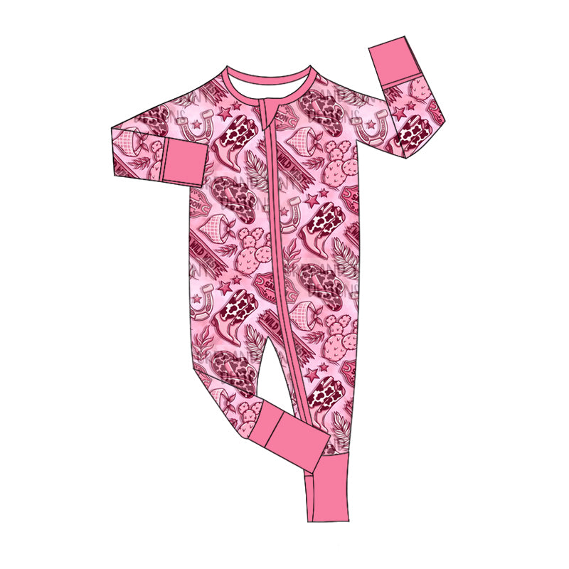 Baby Girl Long Sleeves Western Boots Cactus Pink Zipper Romper