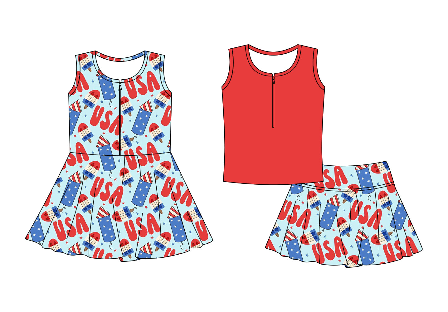 ( Moq 5 Each Style ) Baby Girls Kids Sleeveless Popsicle USA Sibling 4th of July Dress Set