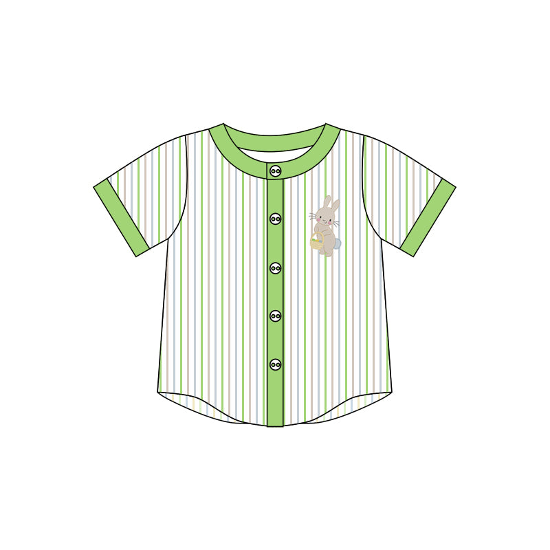 Baby Boy Short Sleeves Stripes Easter Rabbit Print Buttons Shirt Moq 5