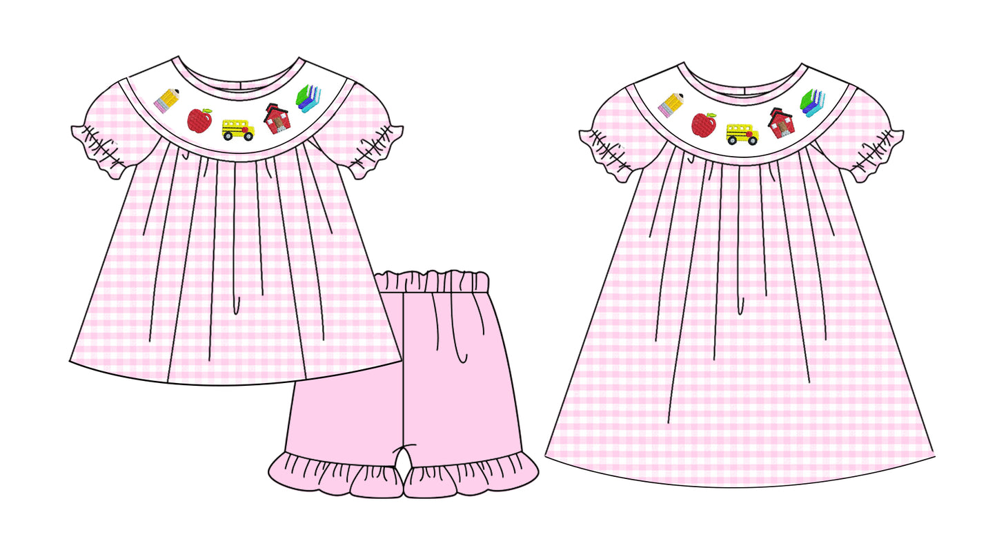 ( Moq 5 Each Style ) Baby Girls Kids Short Sleeves Sibling Back to School Pink Plaid Dress Set