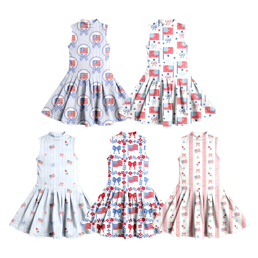 ( Moq 5 Each Style ) Sibling Baby Girls Kids Flags Bows Flower 4th of July Knee Length Dresses Clothes