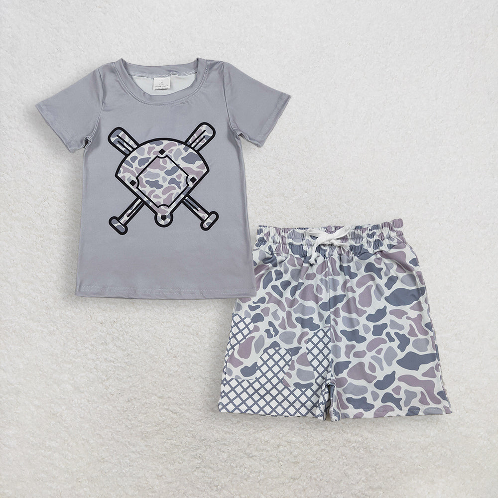 Baby Boys Kids Grey Short Sleeves Baseball Shirt Camo Plaid Pockets Shorts Summer Clothes Set RTS