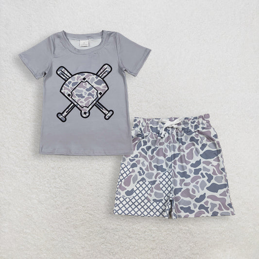 Baby Boys Kids Grey Short Sleeves Baseball Shirt Camo Plaid Pockets Shorts Summer Clothes Set RTS