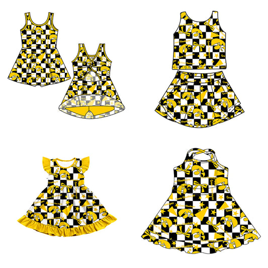( Moq 5 each style ) Baby Girl Toddler  Team Yellow Bows Cheer Sibling Checked Dress Set 6.30