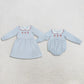Sibling Baby Girls Kids Embroidery Santa Blue Stripes Christmas Romper Dress Clothes RTS