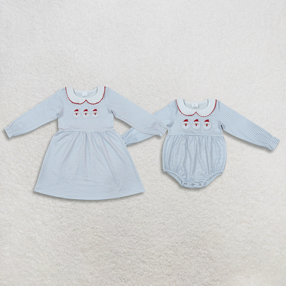 Sibling Baby Girls Kids Embroidery Santa Blue Stripes Christmas Romper Dress Clothes RTS