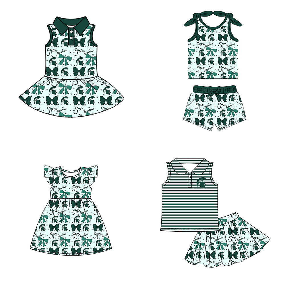 ( Moq 5 each style ) Baby Girl Toddler Team Green Bows Sibling Dress Set
