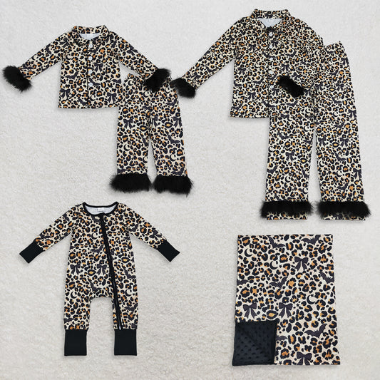 Sibling Baby Girls Adult Women Bats Bows Leopard Shirts Pants Halloween Fur Pajamas Sets Blanket RTS