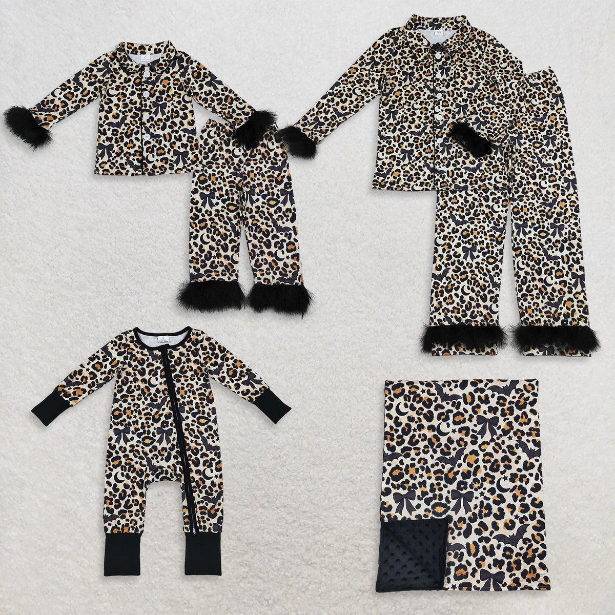 Sibling Baby Girls Adult Women Bats Bows Leopard Shirts Pants Halloween Fur Pajamas Sets Blanket RTS