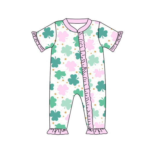 Baby Girl Infant Short Sleeves St. Patrick Clover Zipper Romper Moq 5