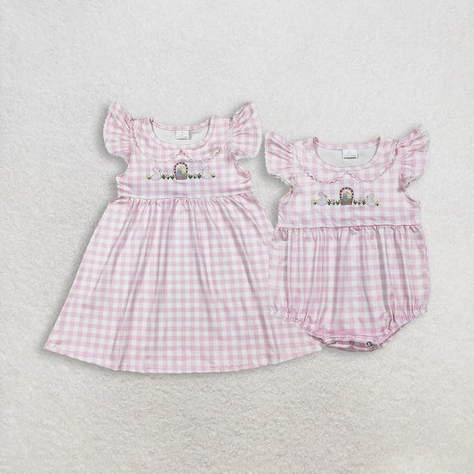 Sibling Baby Girls Kids Short Sleeves Embroidery Rabbits Eggs Easter Pink Plaid Romper Dress RTS