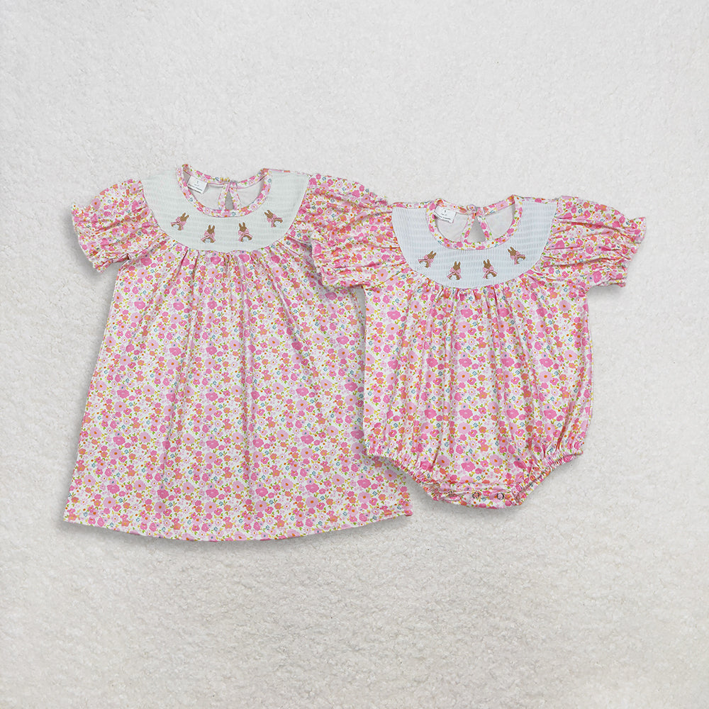 Sibling Baby Girls Kids Short Sleeves Embroidery Rabbits Bows Flower Easter Romper Dress RTS