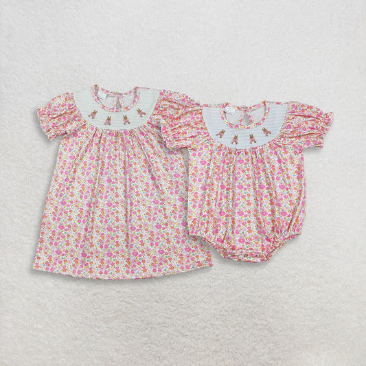 Sibling Baby Girls Kids Short Sleeves Embroidery Rabbits Bows Flower Easter Romper Dress RTS