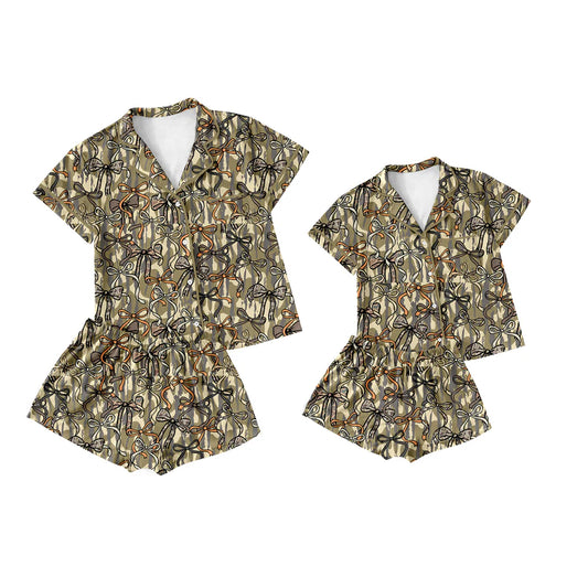 ( Moq 5 Each Style ) Baby Girl Adult Women Buttons Bows Camo Shirt Shorts Sibling Mommy And Me Family Pajamas Sets