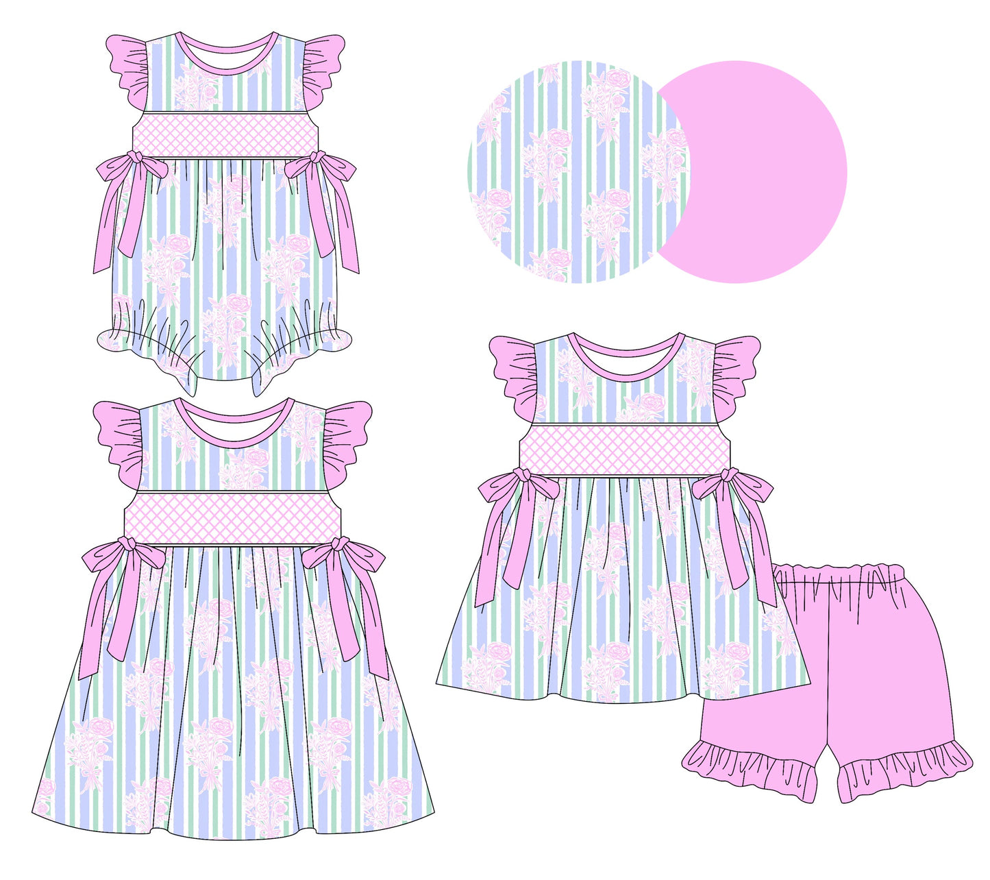 Baby Girl Purple Short Sleeves Bows Flower Sibling Romper Dress Set ( Moq 5 Each Style ) 3.7