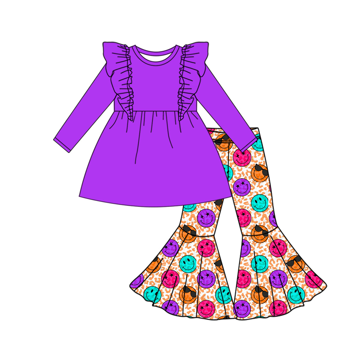 Baby Girl Long Sleeves Purple Cotton Ruffle Tops Smile Leopard Bell Pants Set