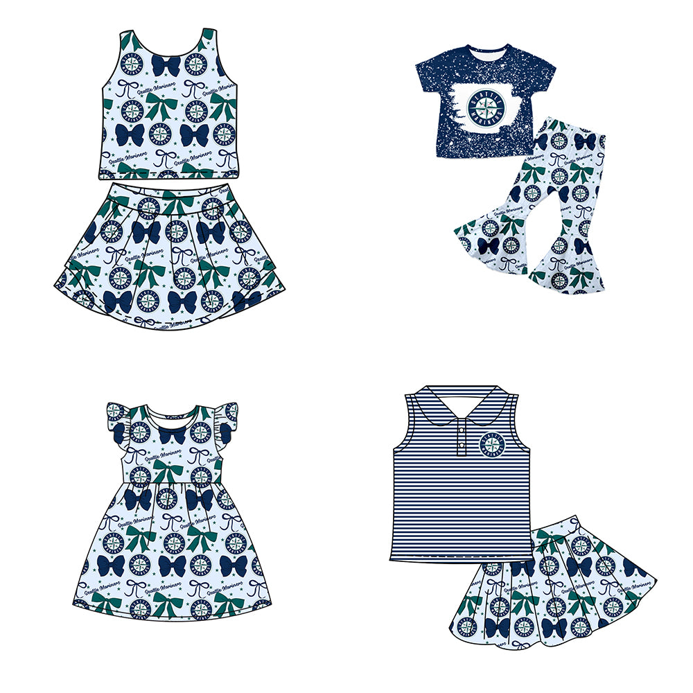 ( Moq 5 each style ) Baby Boy Girl Toddler Team Green Blue Bows ‌Sibling Dress Set 6.17